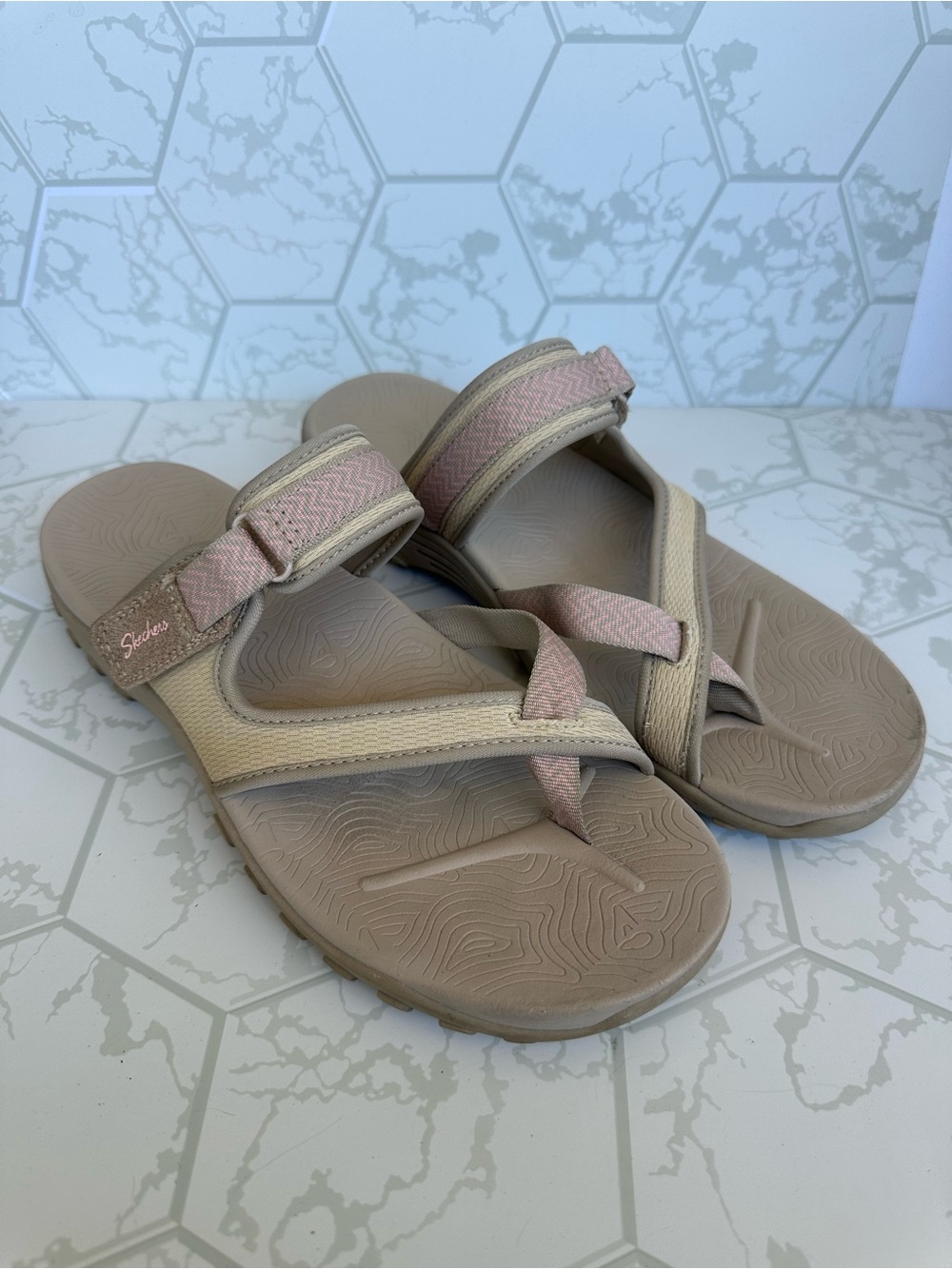 Skechers Women’s Light Pink and Beige Comfort Strap Sandals